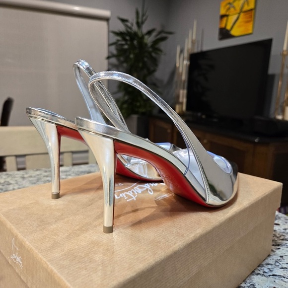 NEW Christian Louboutin Posticha 80mm Metallic Leather Slingback Size 37 - Picture 10 of 15